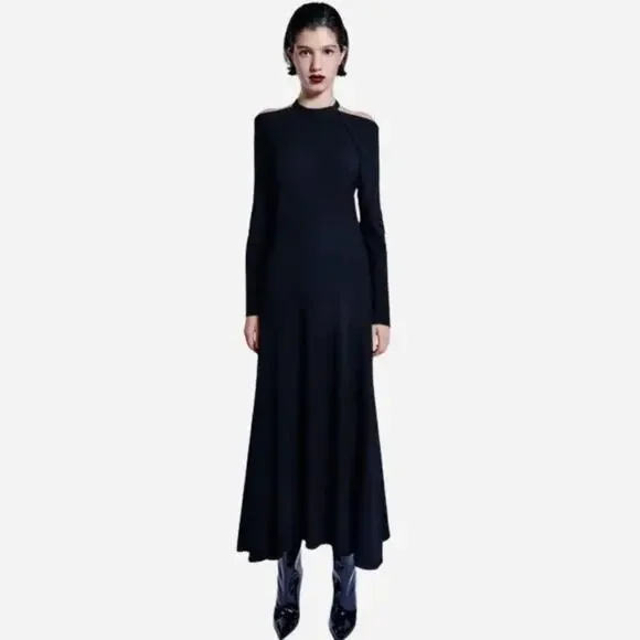 Zara CUT OUT DRESS LIMITED EDITION BLACK A LINE MIDI DRESS SMALL NEW NWT - Picture 1 of 9